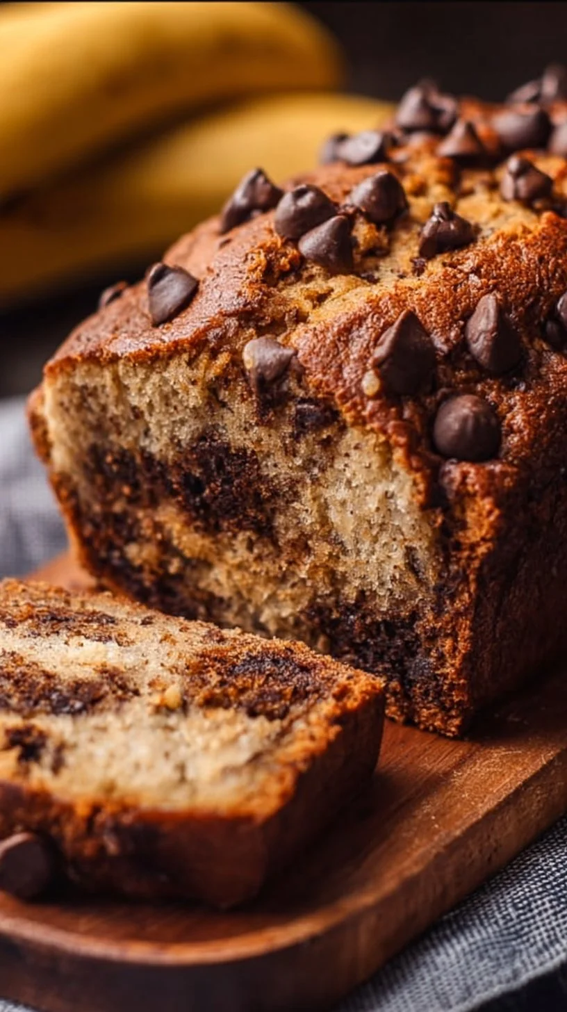 Slice of simple chocolate chip banana bread on a wooden board