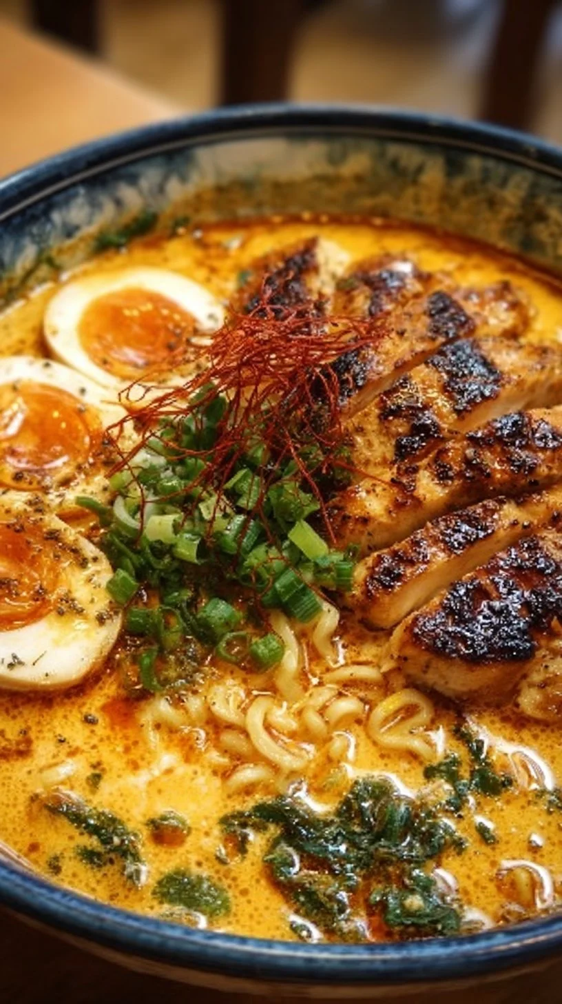Sizzling Fiery Chicken Ramen with Creamy Garlic Sauce for Lunch