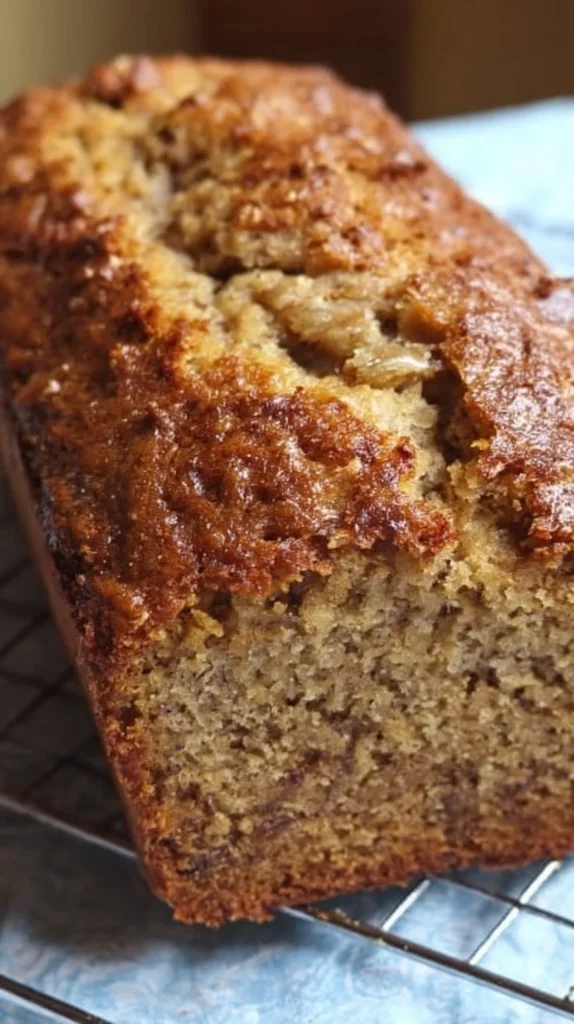 Slice of moist sourdough banana bread with bananas on a wooden cutting board.