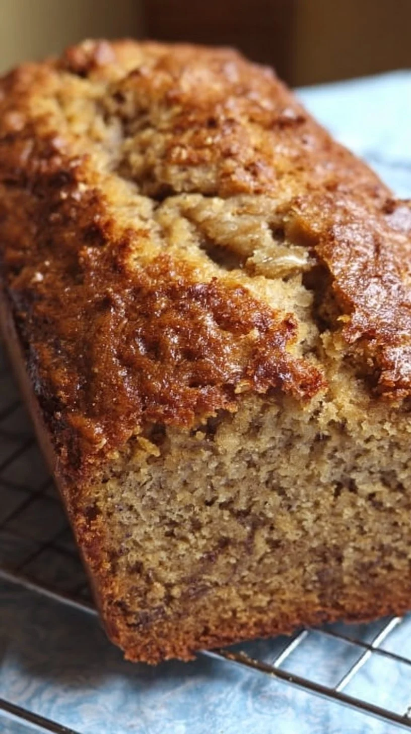 Slice of moist sourdough banana bread with bananas on a wooden cutting board.