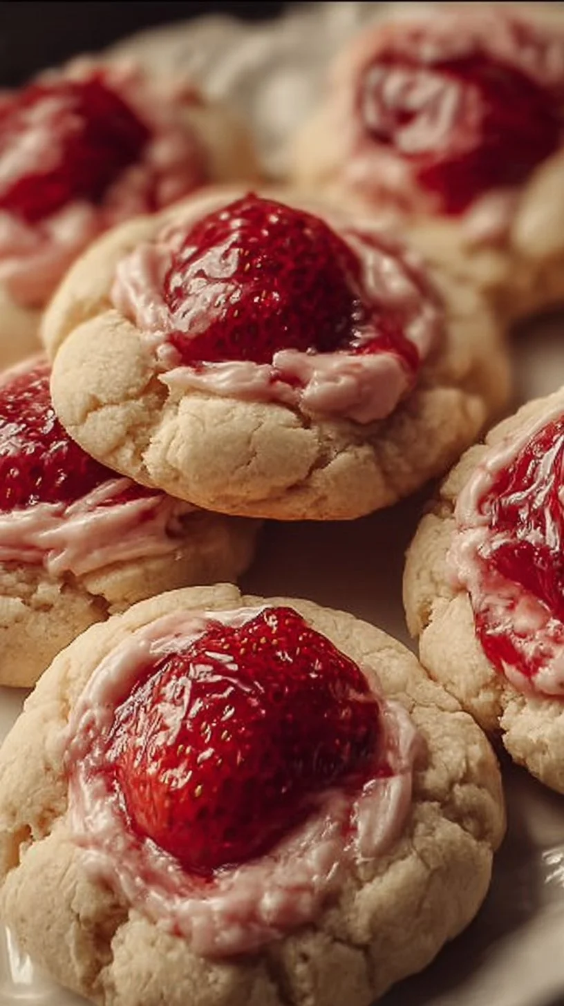 Delicious strawberry cheesecake cookies on a plate garnished with fresh strawberries.