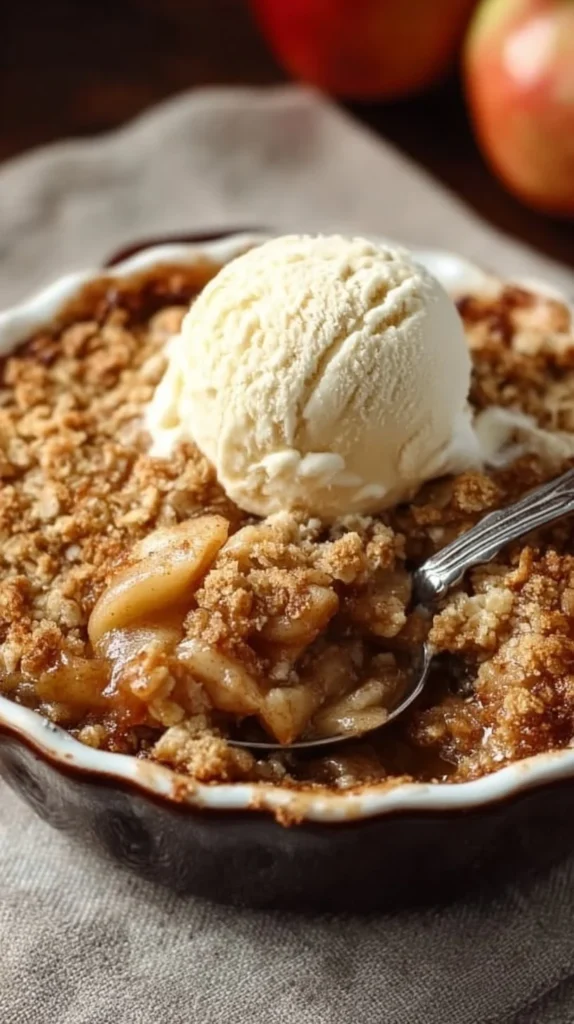 Delicious homemade apple crisp ready to be served in a cozy fall setting