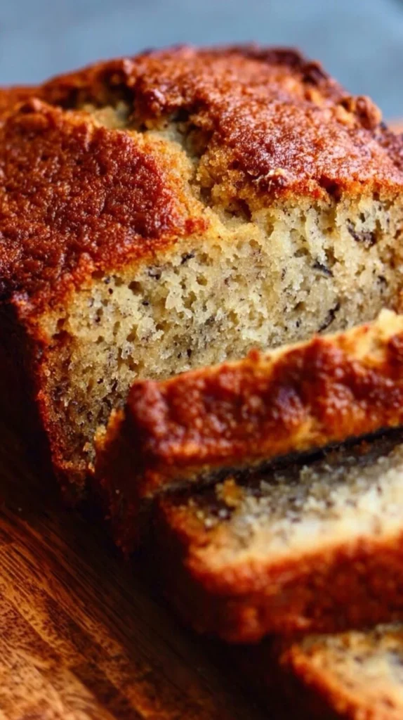 Moist and easy homemade banana bread sliced on a wooden board
