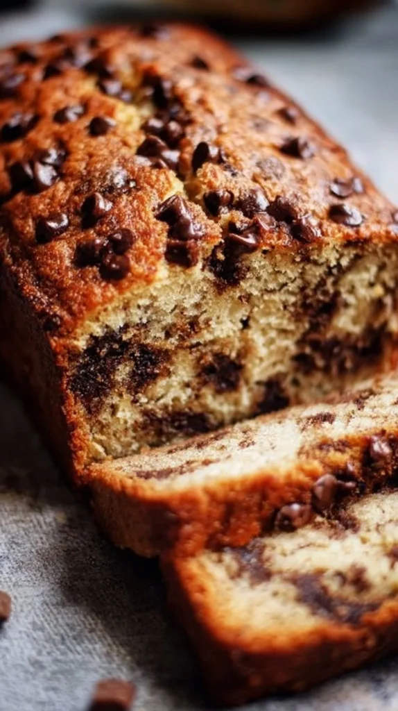 Delicious slices of chocolate chip banana bread on a wooden plate
