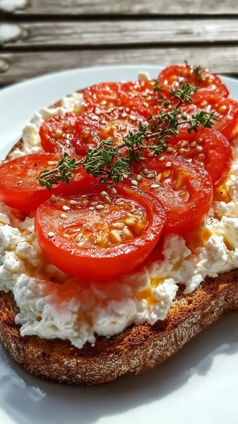 Tomato and cottage cheese toast on a cutting board