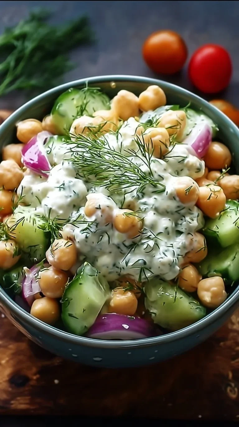 Tzatziki Chickpea Salad with fresh vegetables and herbs in a bowl