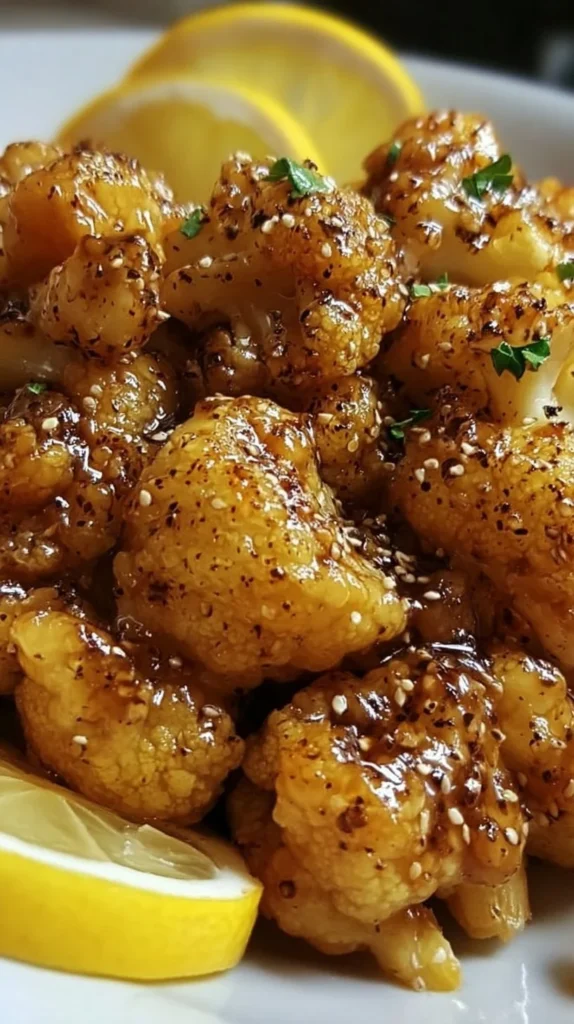 Vegan lemon pepper glazed cauliflower garnished with fresh herbs
