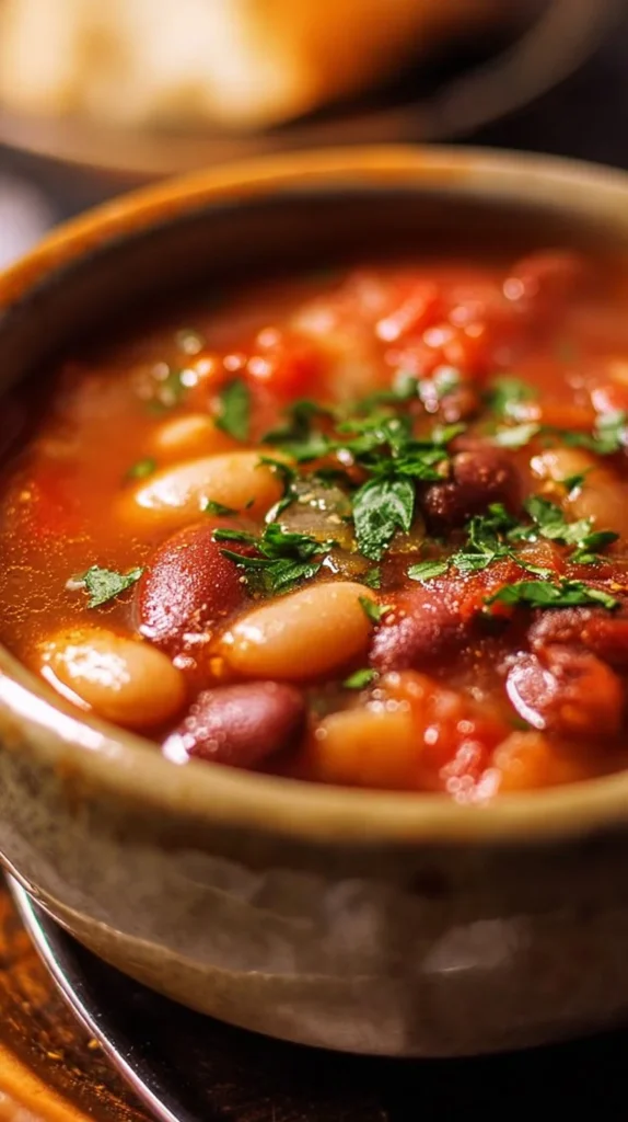 Bowl of 15 bean soup with fresh vegetables and herbs