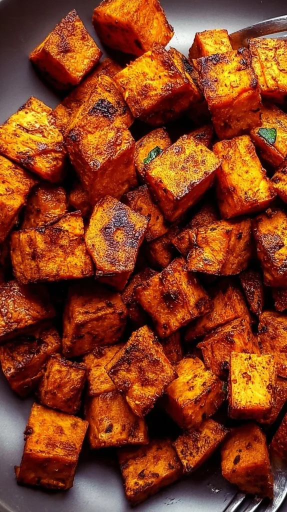 Delicious air fryer sweet potato cubes garnished and ready to eat