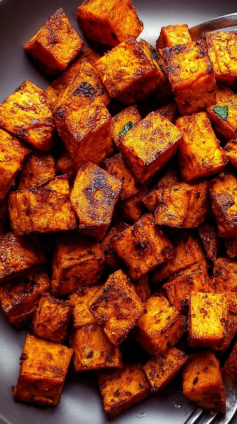 Delicious air fryer sweet potato cubes garnished and ready to eat