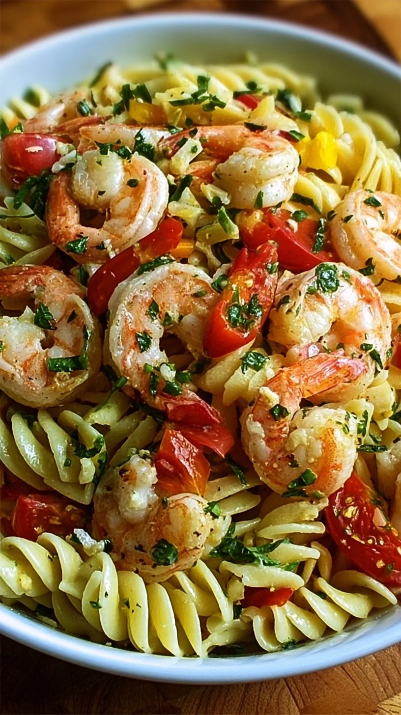 Bowl of Amazing Shrimp Pasta Salad with vegetables and herbs