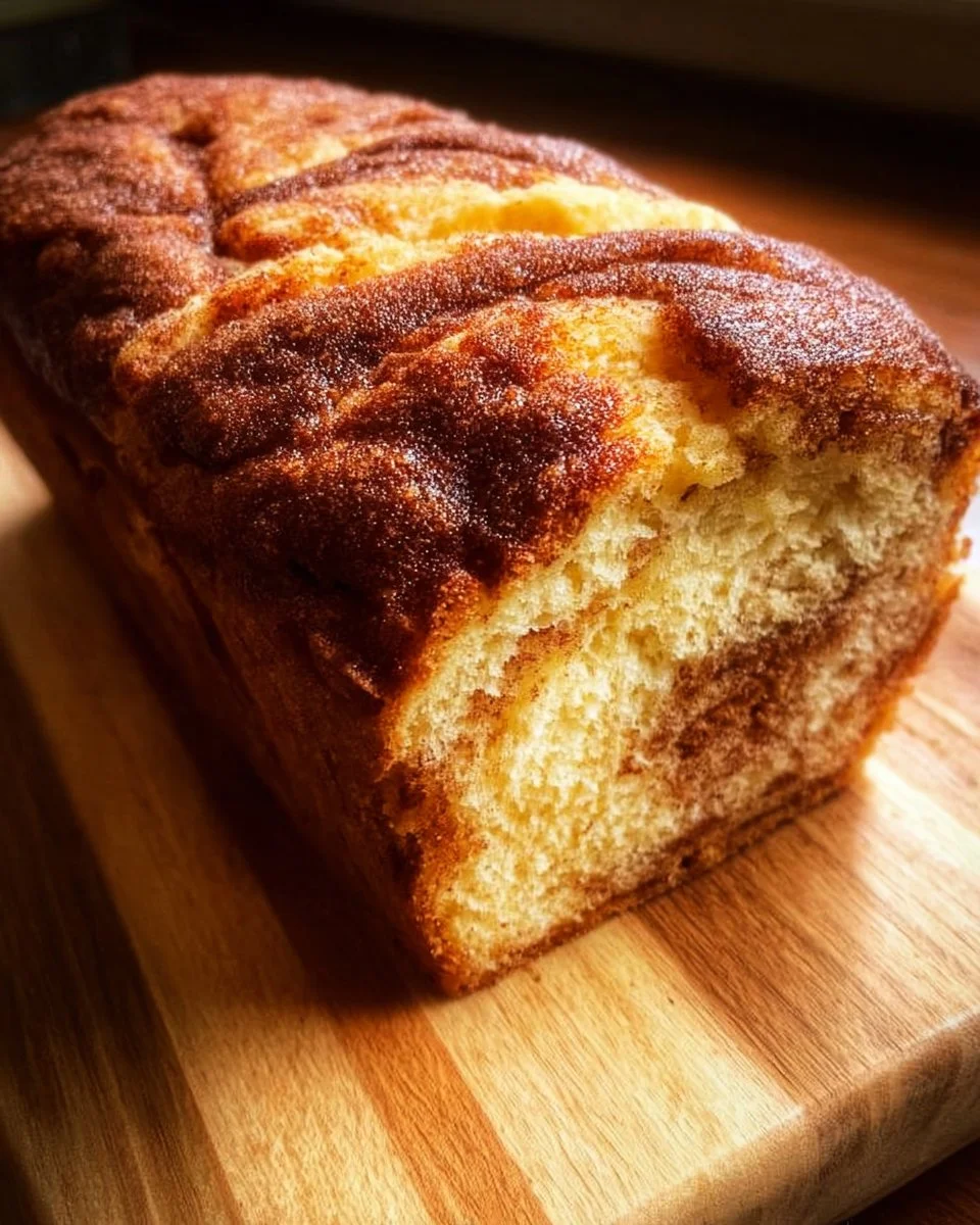 Loaf of freshly baked Amish Cinnamon Bread with cinnamon swirl.