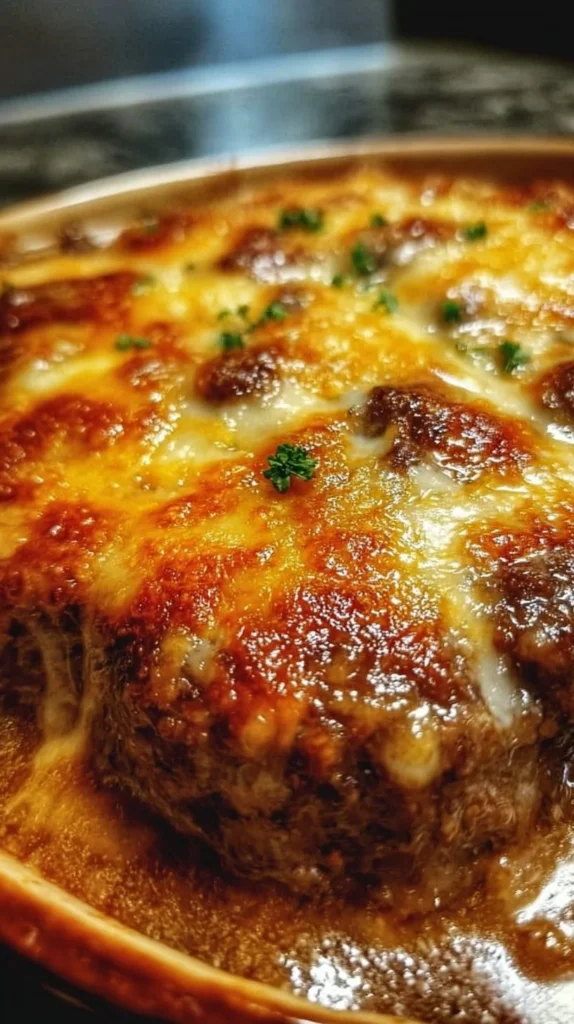 Amish Hamburger Steak Bake served with vegetables and gravy