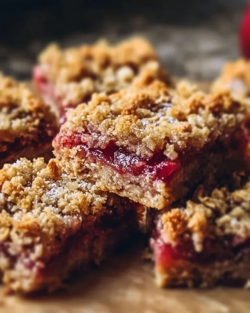 Homemade Amish oatmeal rhubarb bars with a golden crumb topping