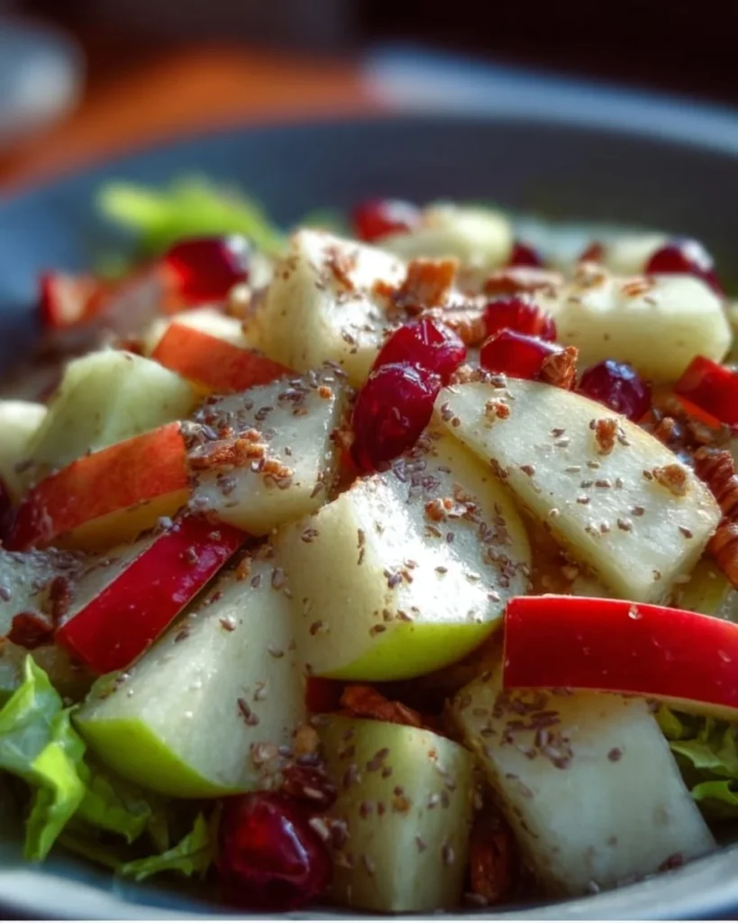 Fresh and colorful apple salad with various fruits and nuts