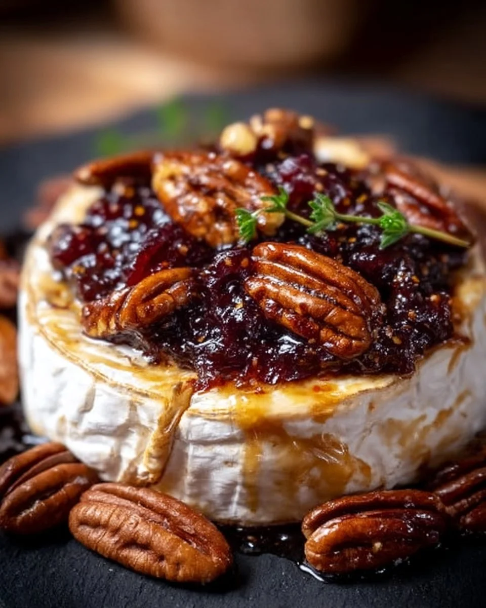 Delicious Baked Brie topped with fig jam and pecans served on a wooden board.