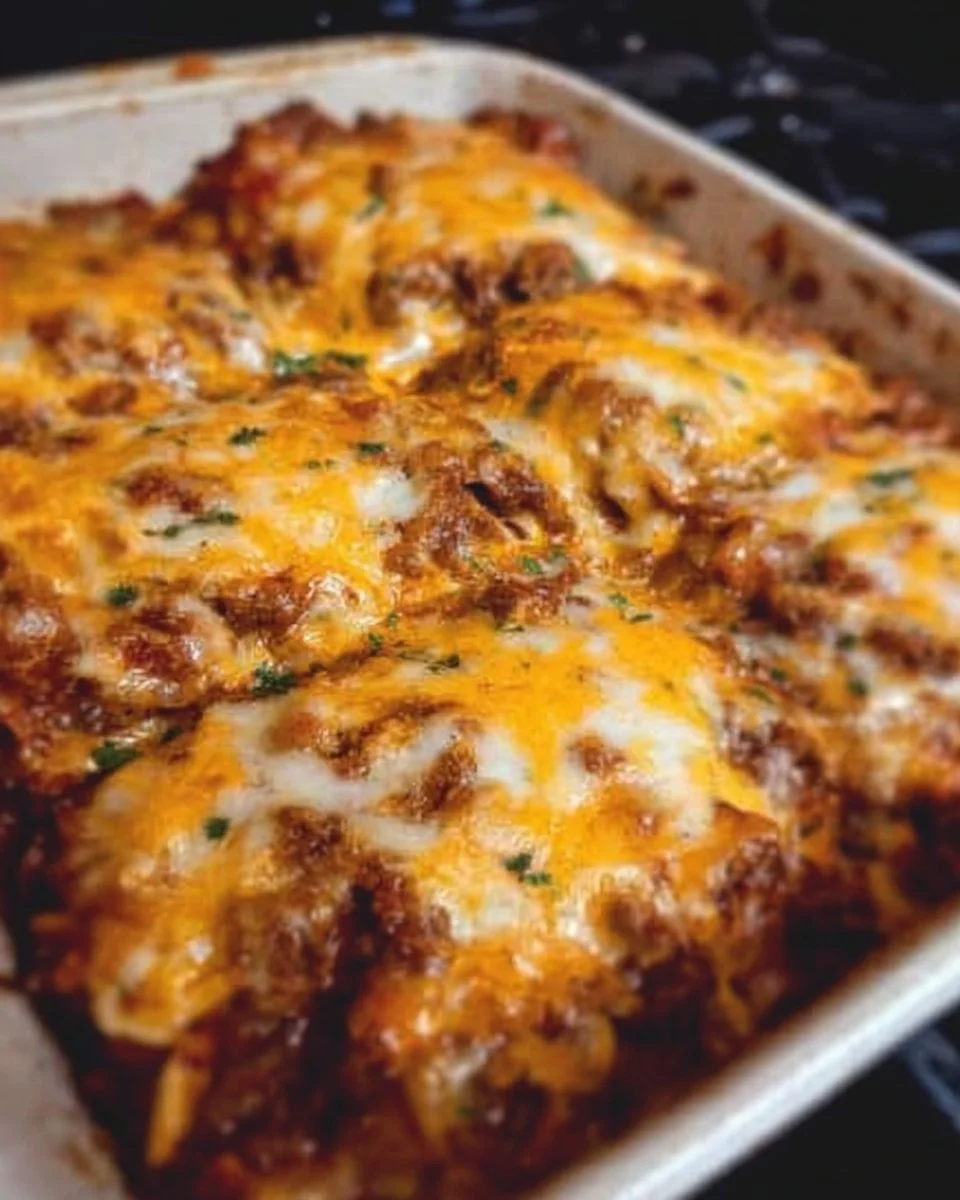 Delicious baked burrito casserole topped with cheese and garnished with fresh herbs.