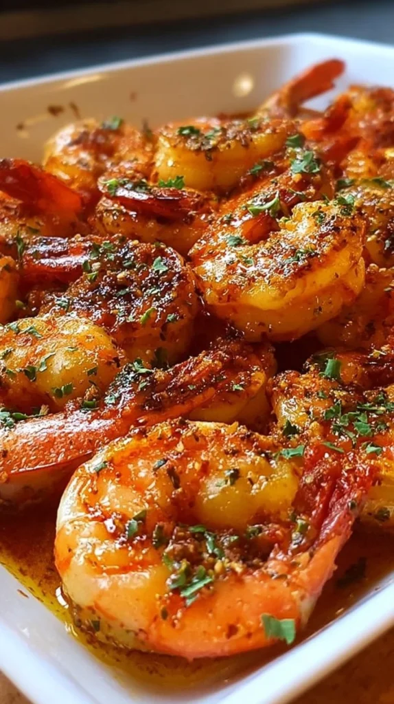 Delicious baked Cajun shrimp garnished with herbs