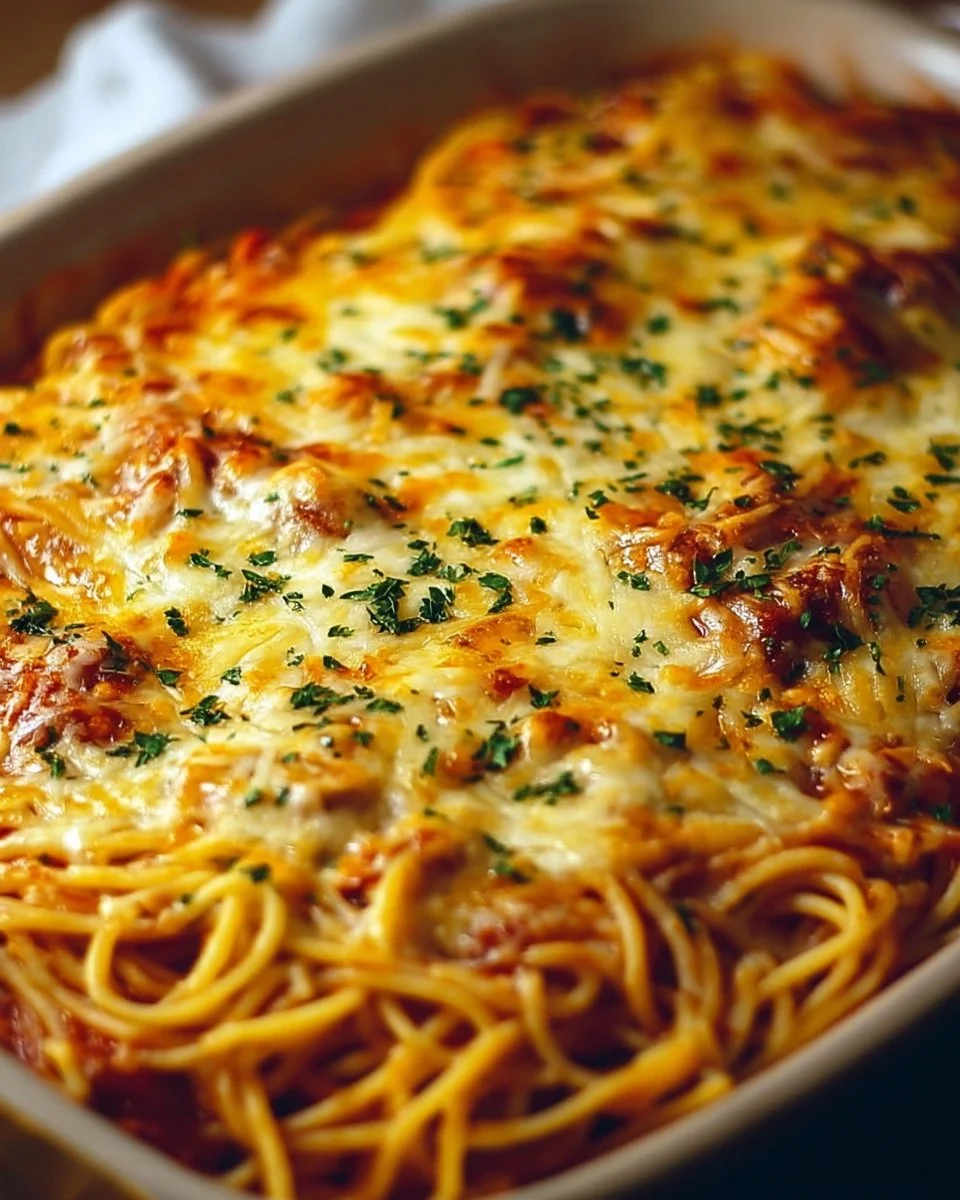 Baked Cream Cheese Spaghetti Casserole served in a dish.
