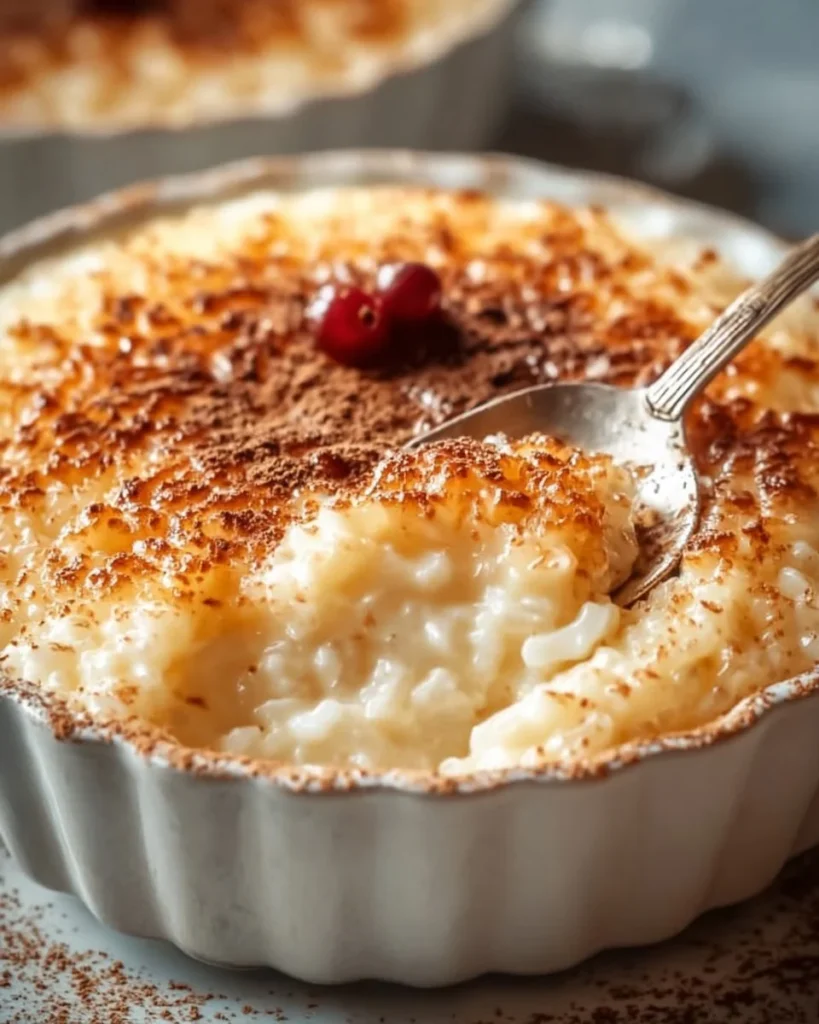 Delicious baked rice pudding served in a bowl