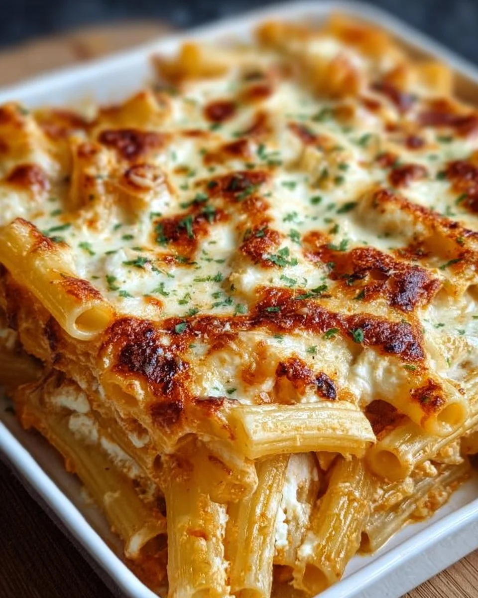Delicious Baked Ziti with Ricotta served in a baking dish