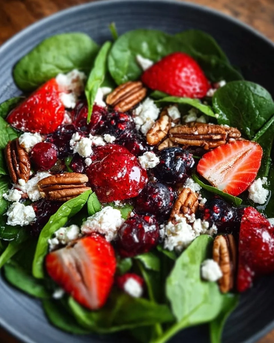 Delicious berry spinach salad topped with pecans, feta cheese, and balsamic glaze