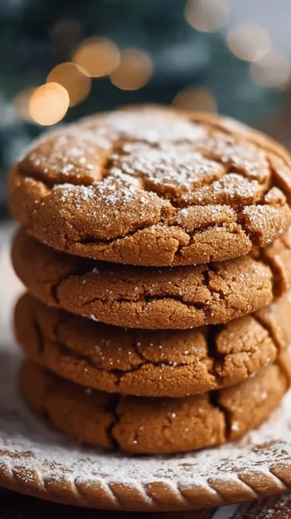 Freshly baked chewy gingerbread cookies on a festive plate