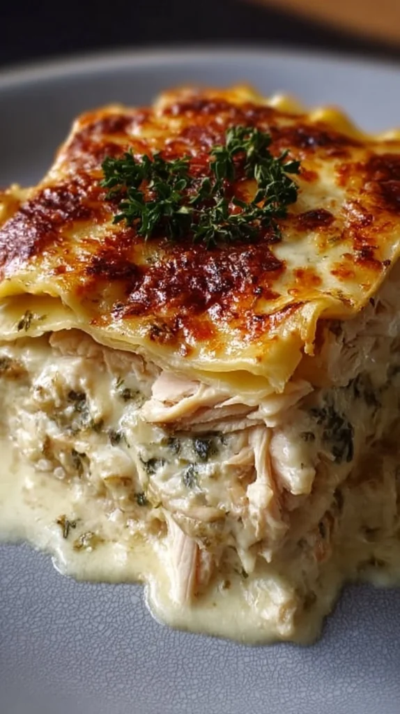 Delicious chicken lasagna with creamy white sauce ready to serve.