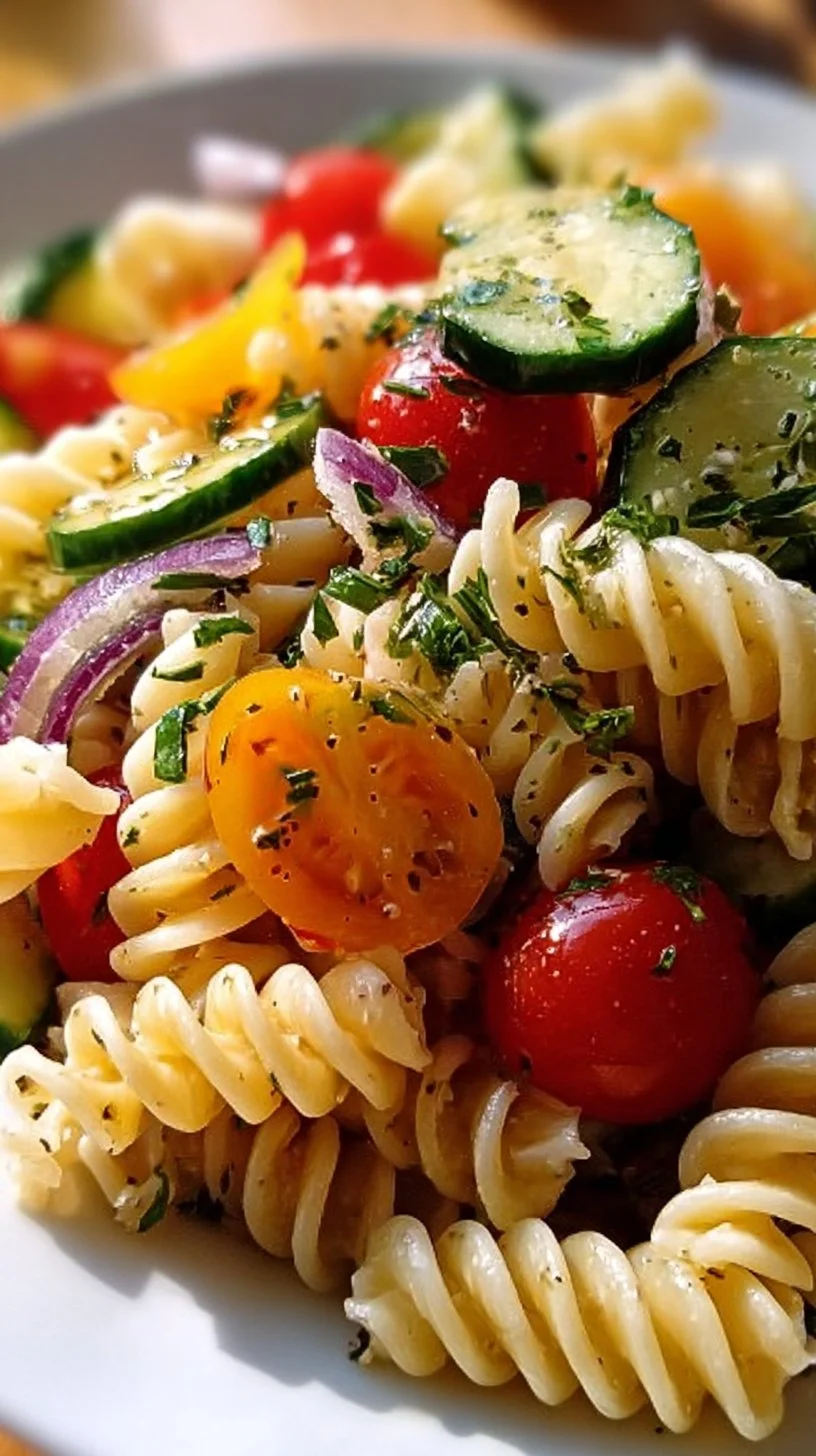 Delicious cold pasta salad with fresh ingredients and homemade dressing