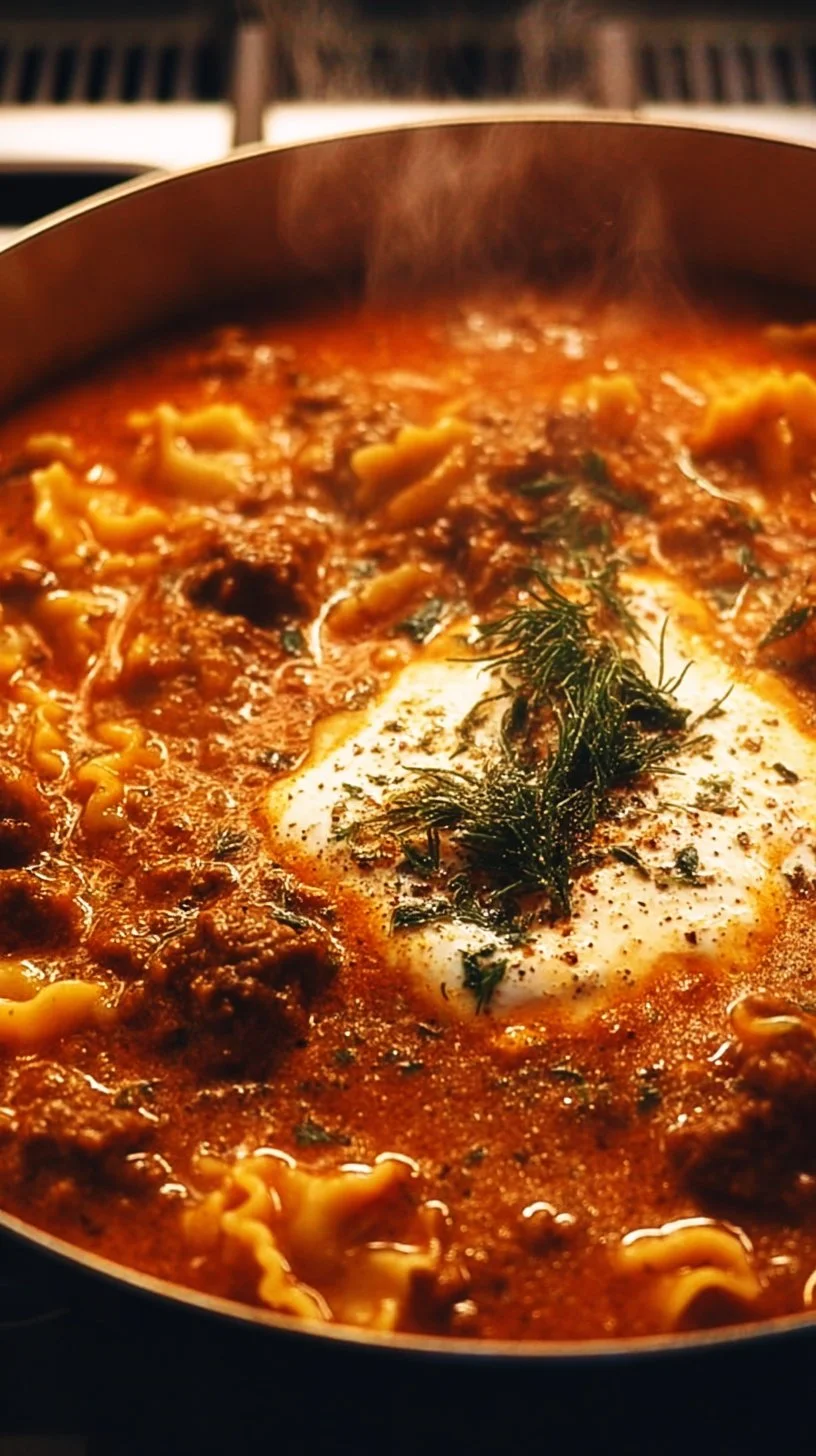 Delicious one-pot lasagna soup topped with cheese and herbs.