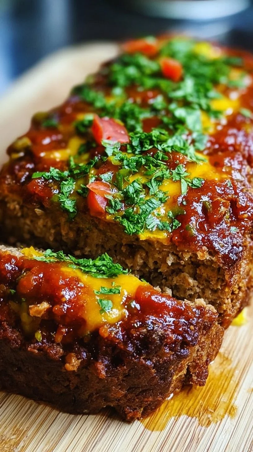 Delicious taco meatloaf served on a plate with toppings