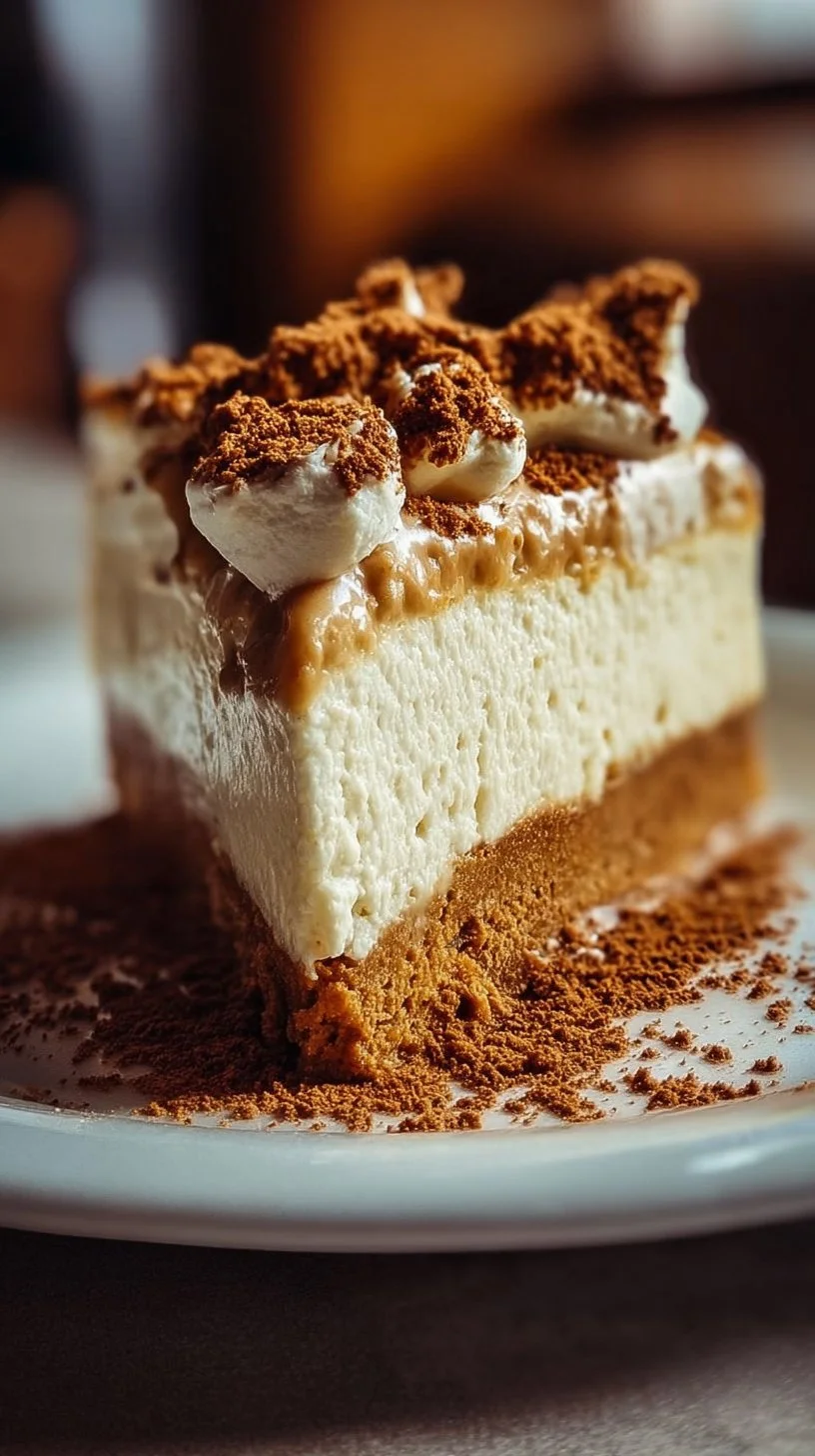 Delicious Biscoff Cheesecake topped with caramel and crushed cookies.