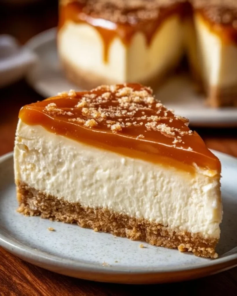 Slice of Biscoff salted caramel cheesecake on a plate