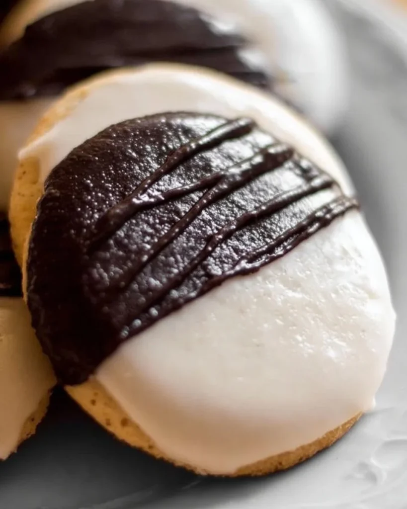 Delicious Black and White Cookies with chocolate and vanilla icing on a rustic plate