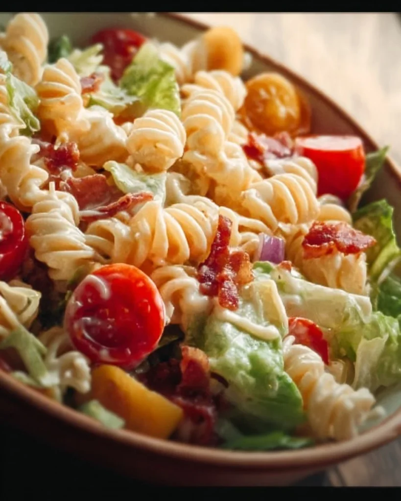 Delicious BLT Pasta Salad with bacon, lettuce, and tomatoes in a creamy dressing.