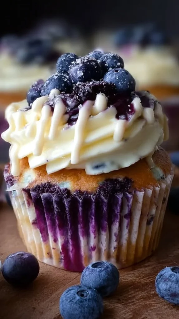 Delicious blueberry cheesecake cupcakes topped with white chocolate.