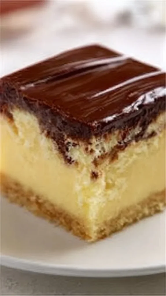 Delicious Boston Cream Poke Cake topped with chocolate and creamy filling