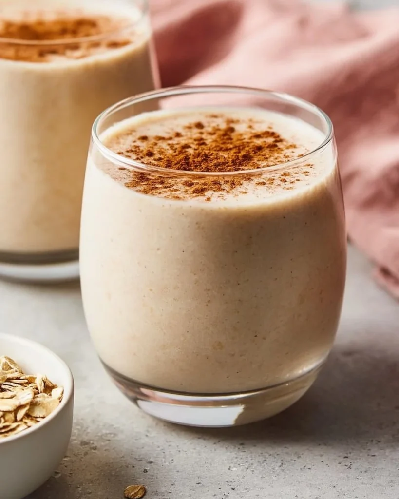 Delicious Breakfast Cinnamon Bun Smoothie in a glass with toppings