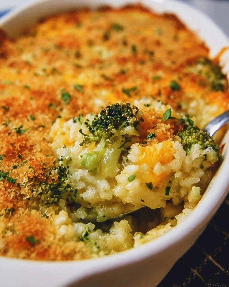 Delicious Broccoli Rice Casserole topped with melted cheese