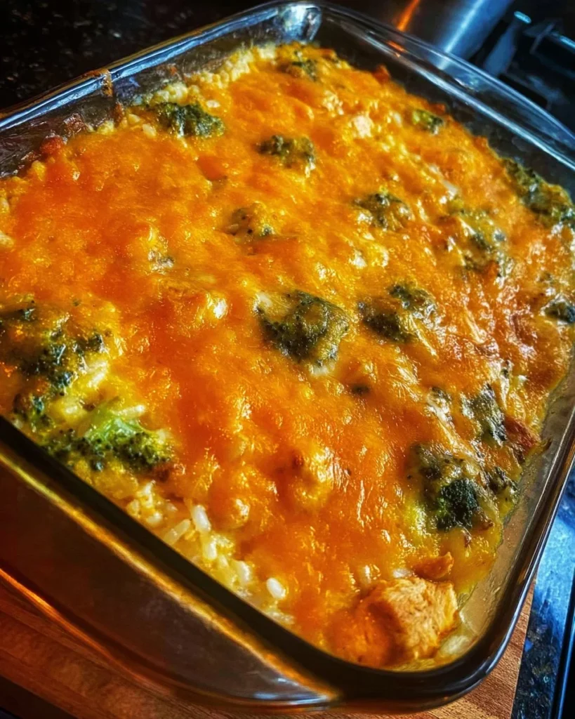Broccoli rice cheese casserole topped with chicken in a baking dish