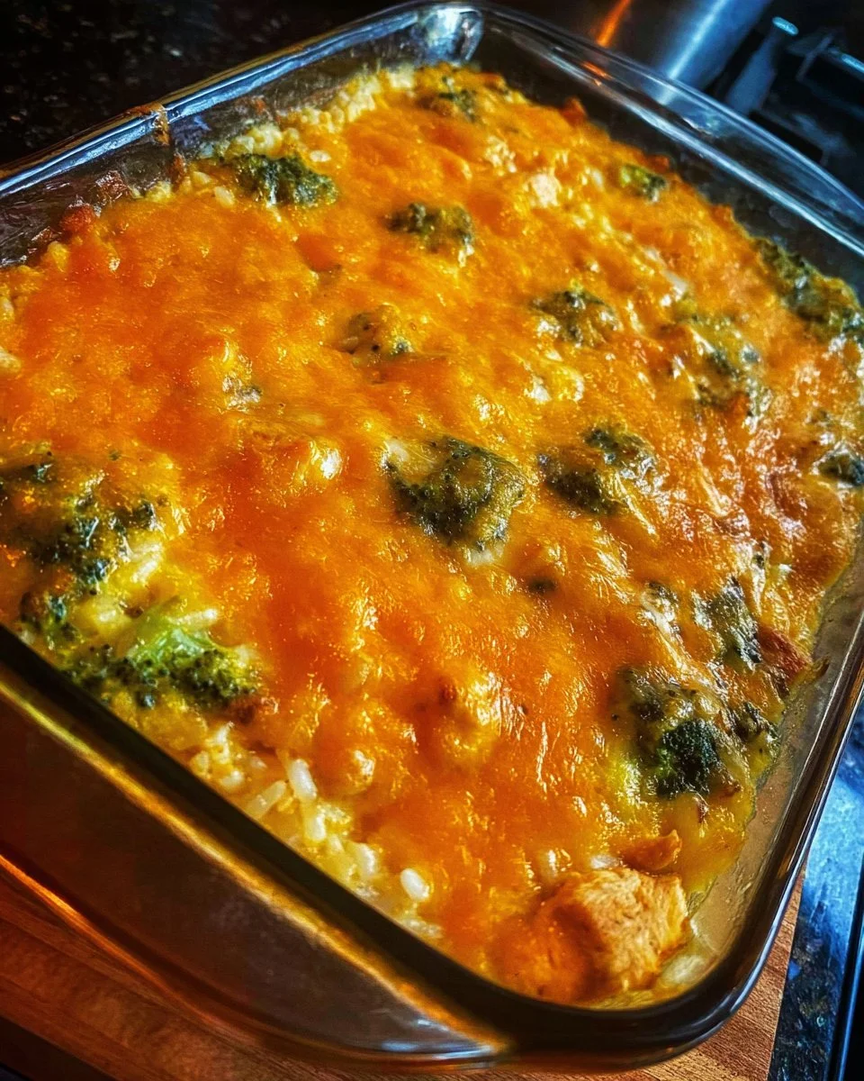 Broccoli rice cheese casserole topped with chicken in a baking dish