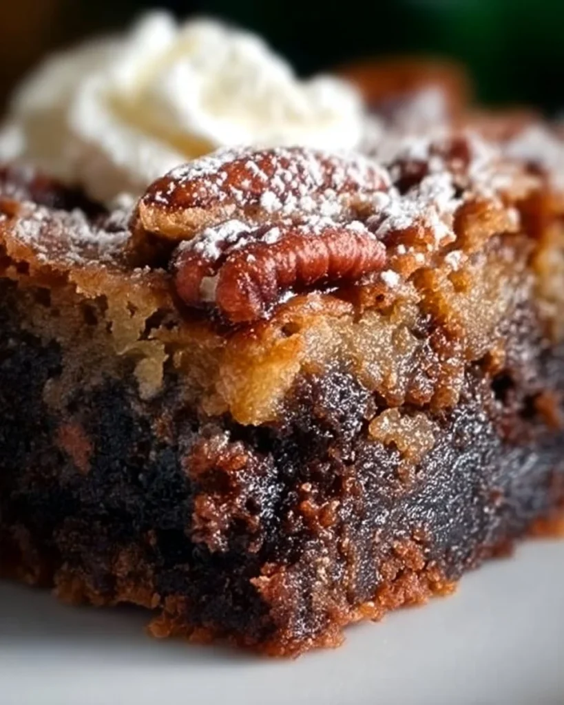 Delicious Brownie Pecan Pie served as an ooey gooey butter cake dessert