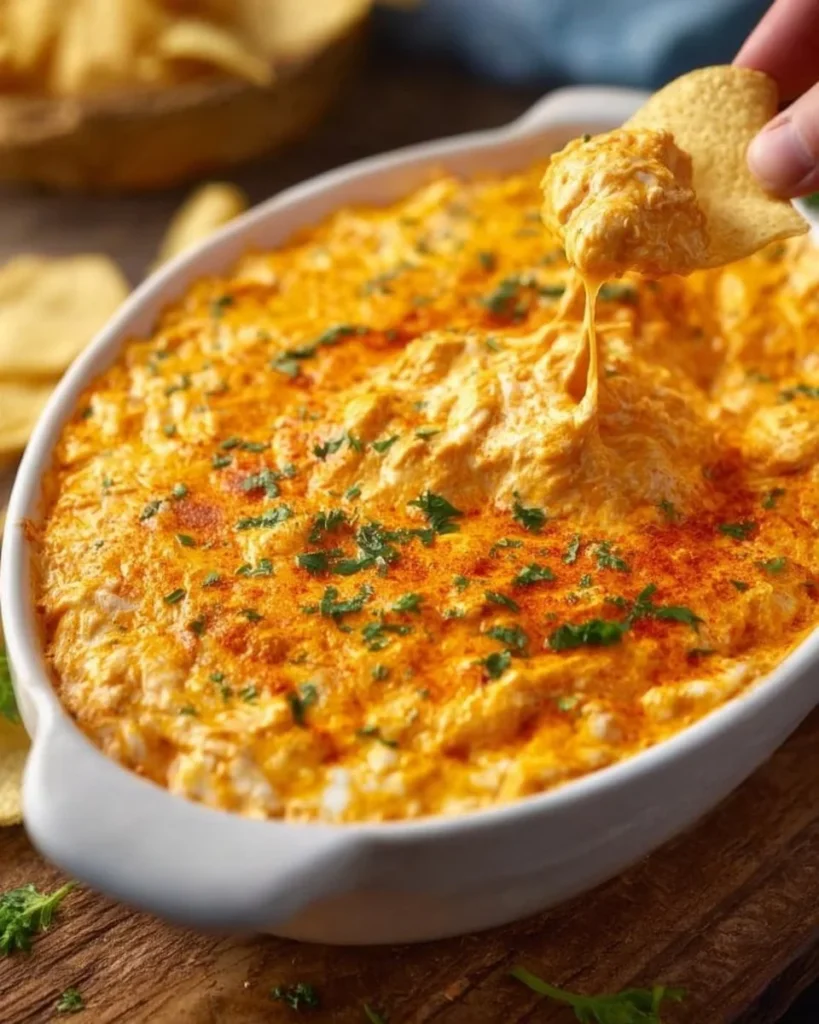 Classic Buffalo Chicken Dip served in a bowl with tortilla chips