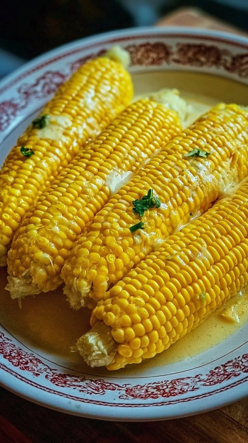 Delicious butter boiled corn on the cob served with melting butter.