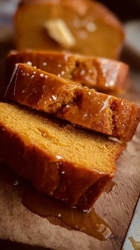Buttered pumpkin bread topped with salted maple brown butter glaze