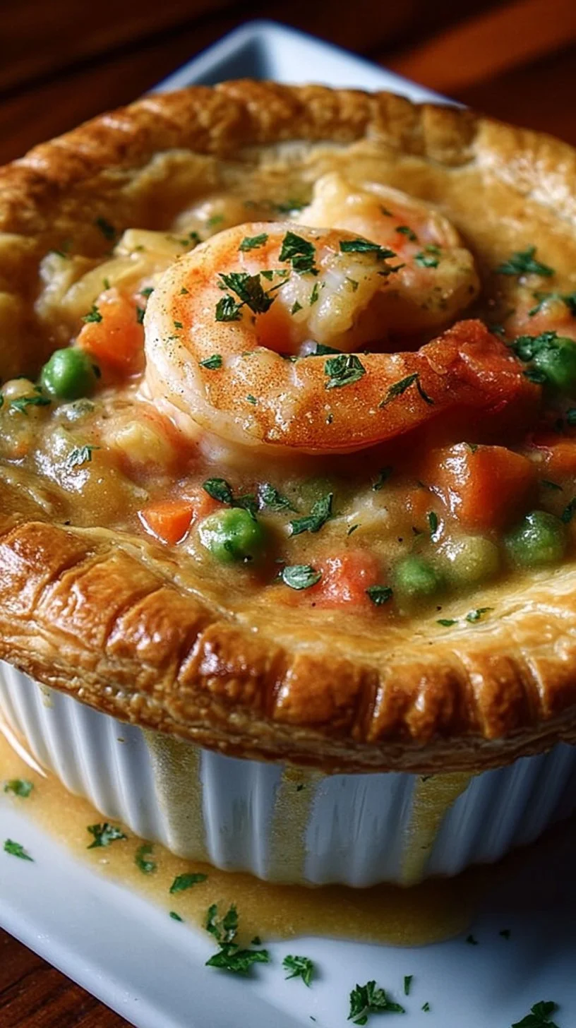 Delicious Cajun Seafood Pot Pie served in a flaky crust with fresh ingredients