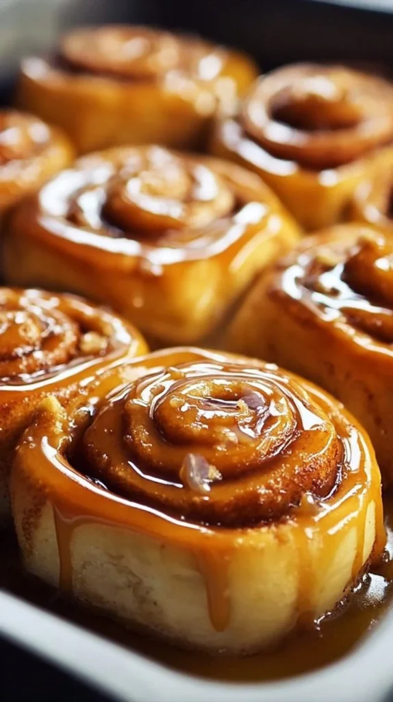 Delicious homemade caramel apple cinnamon rolls with drizzled caramel sauce.