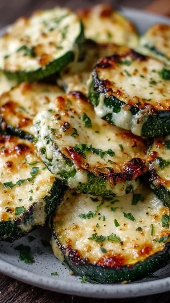 Cheesy baked zucchini rounds served on a plate, garnished with herbs.