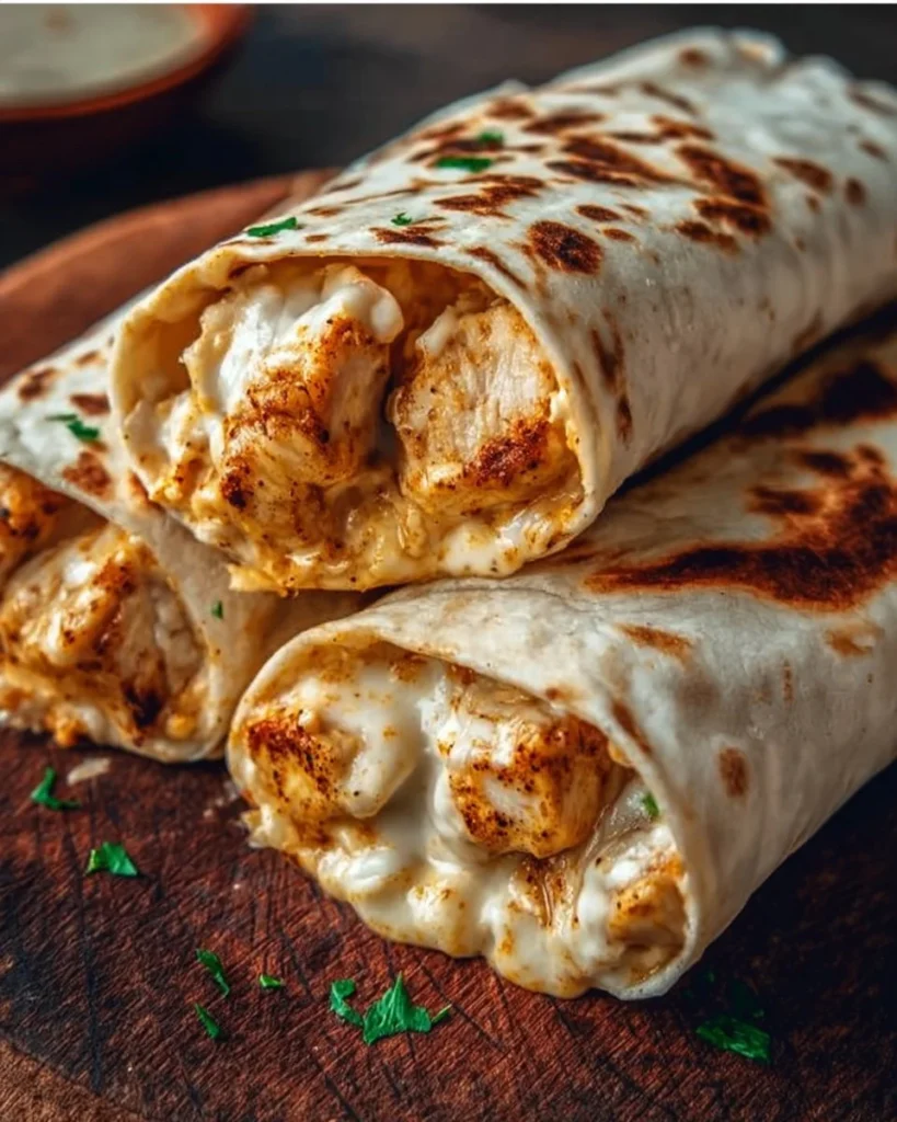 Cheesy Garlic Chicken Wraps served on a plate with fresh ingredients