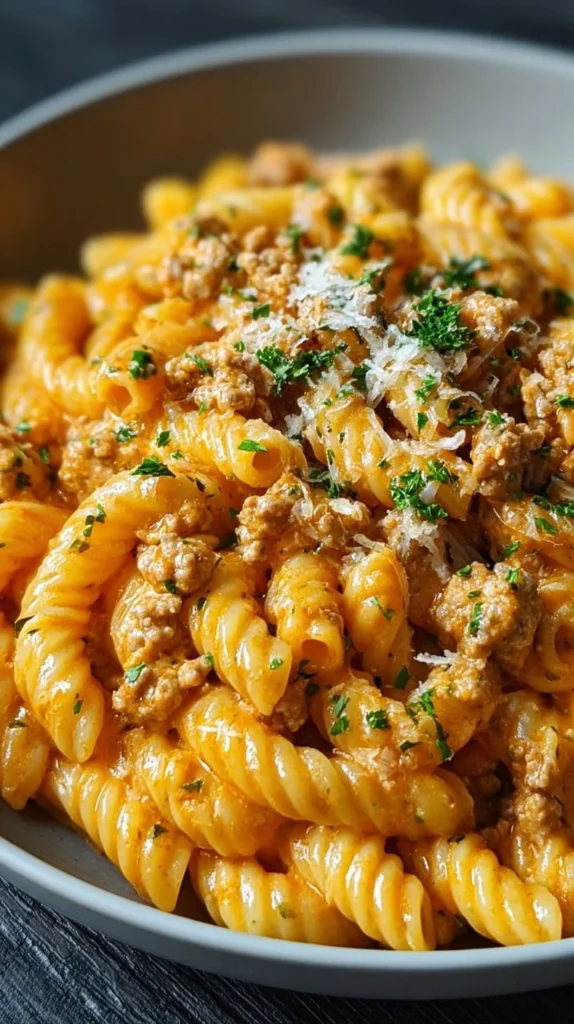 Delicious cheesy ground turkey pasta in a bowl, topped with herbs.